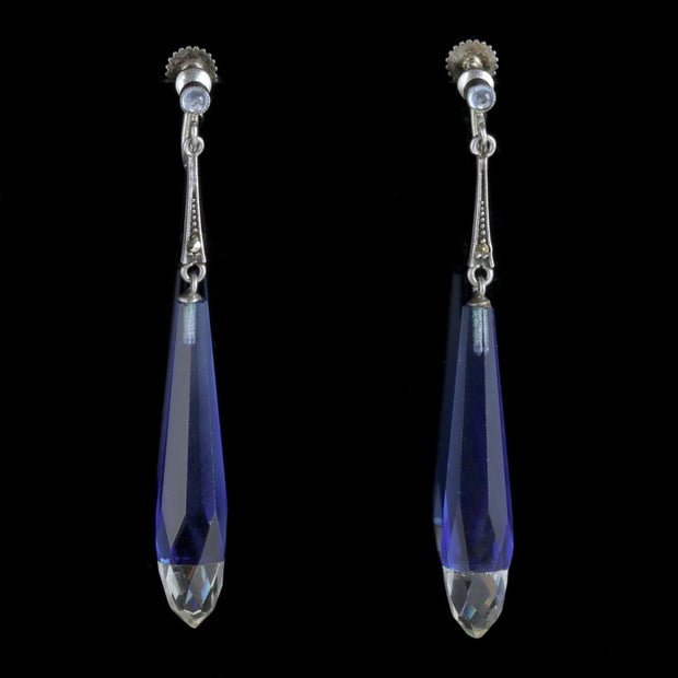 Art Deco Drop Earrings Silver Blue Glass Circa 1920