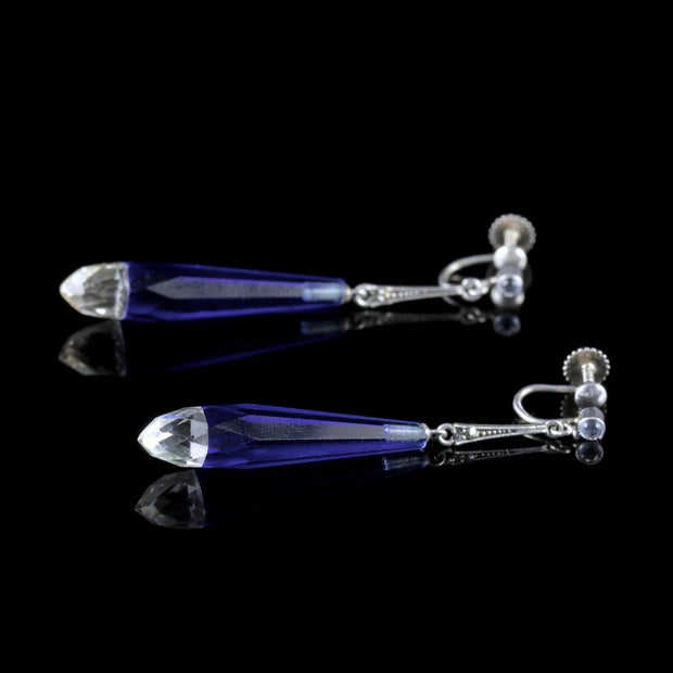 Art Deco Drop Earrings Silver Blue Glass Circa 1920