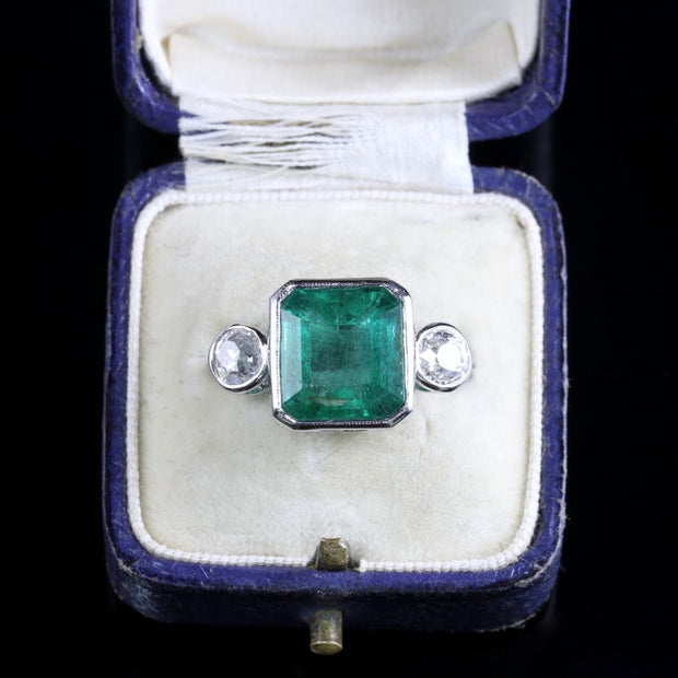 Art Deco Emerald Diamond Platinum Ring 8Ct Emerald 1.20Ct Diamond