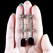 Art Deco Purple Paste Silver Long Drop Earrings