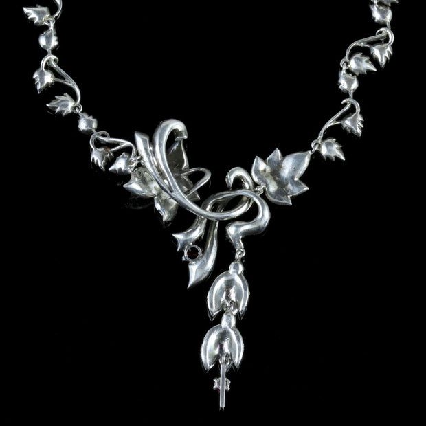 Antique Edwardian Art Nouveau Ruby Paste Lavaliere Necklace Sterling Silver