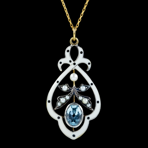 Edwardian Style Blue Topaz Pearl Pendant Necklace White Enamel 9Ct Gold Silver