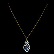 Edwardian Style Blue Topaz Pearl Pendant Necklace White Enamel 9Ct Gold Silver
