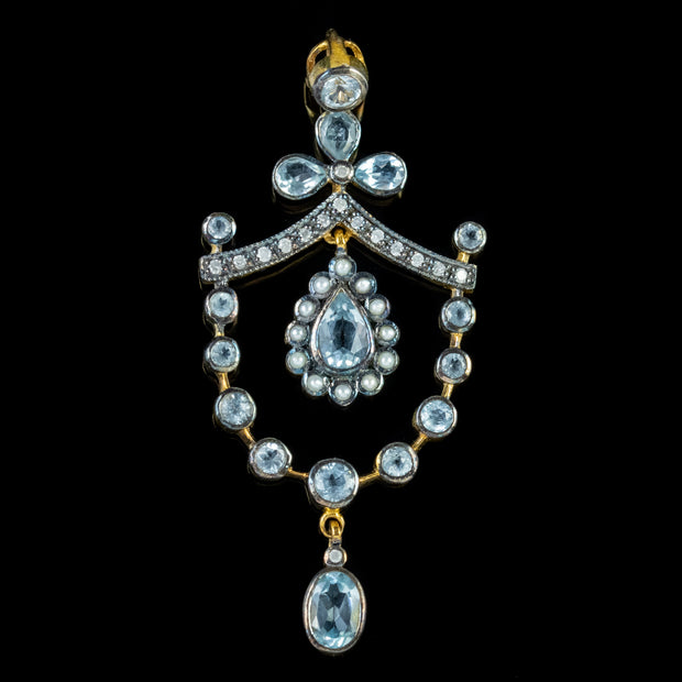 Edwardian Style Blue Topaz Diamond Pearl Pendant 18ct Gold On Silver