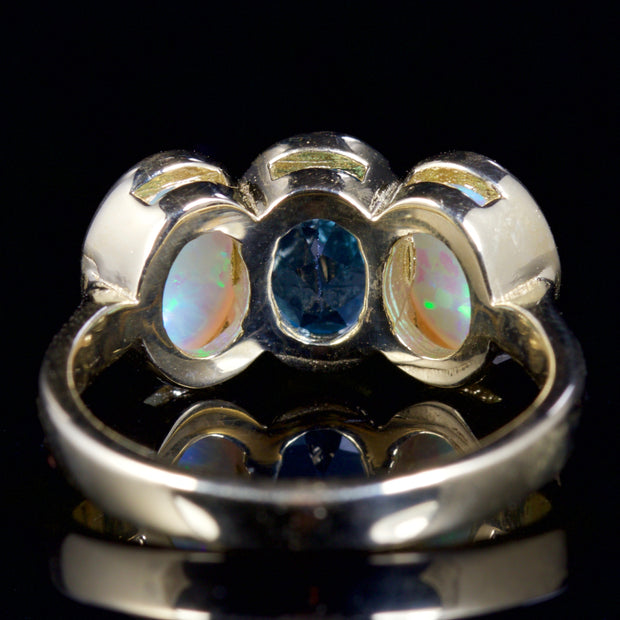 Blue Topaz Opal Trilogy Ring 9Ct Gold Ring