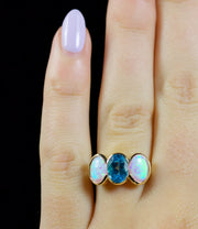 Blue Topaz Opal Trilogy Ring 9Ct Gold Ring