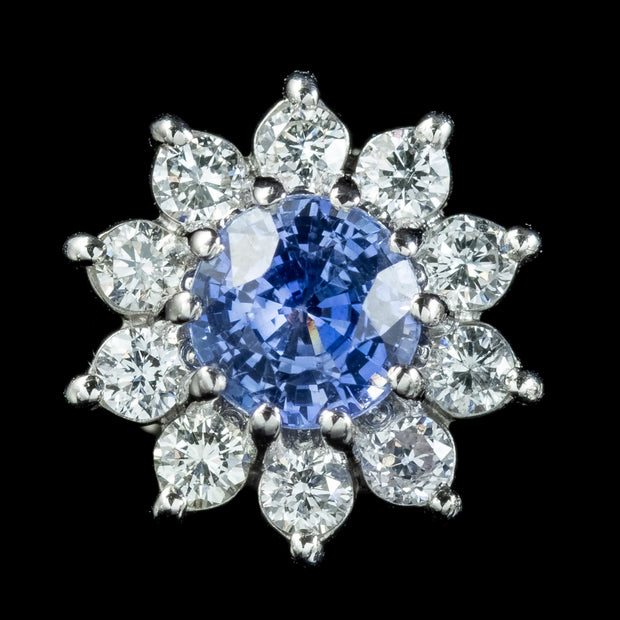 Ceylon Sapphire Diamond Flower Stud Earrings Platinum 0.80ct Sapphires 1.20ct Of Diamond