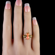 Edwardian Style Coral Pearl Bee Ring Gold On Silver