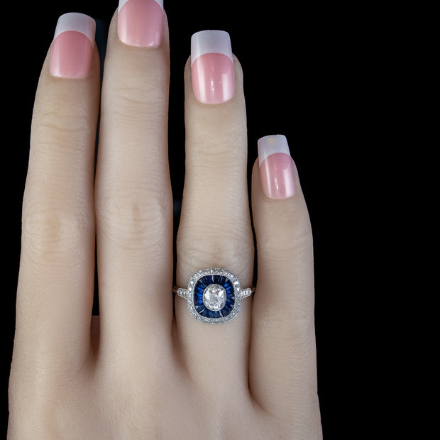 Art Deco Style Diamond Sapphire Cluster Ring Platinum 1.50ct Of Diamond