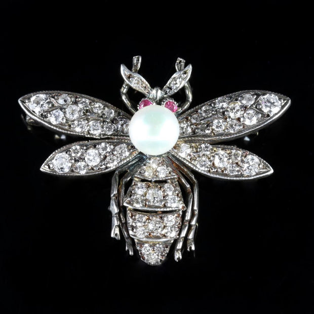 Diamond Pearl Ruby Bee Brooch