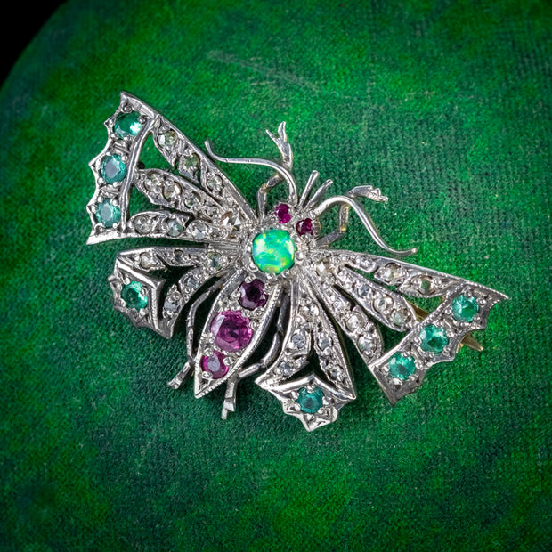 Diamond Butterfly Brooch Emerald Ruby Opal Silver 18Ct Gold