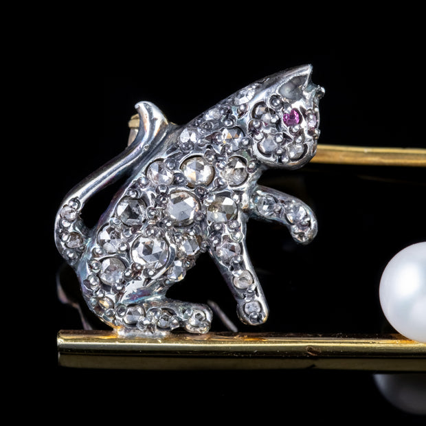 Diamond Cat Brooch Ruby Pearl 18Ct Gold Silver 1.80Ct Of Diamond