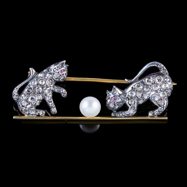 Victorian Style Diamond Cat Brooch Ruby Pearl 18Ct Gold Silver 1.80Ct Of Diamond