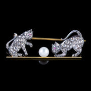 Diamond Cat Brooch Ruby Pearl 18Ct Gold Silver 1.80Ct Of Diamond