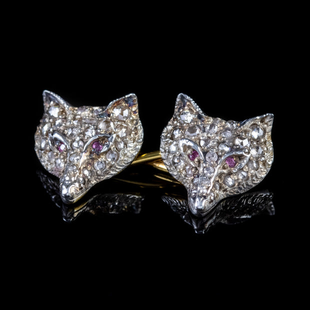 Victorian Style Diamond Fox Cufflinks Ruby Eyes 18Ct Gold Silver 2Ct Of Diamond