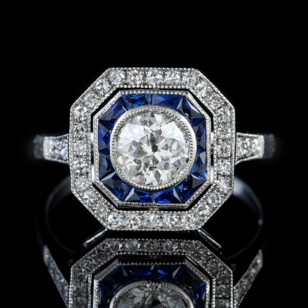 Diamond Sapphire Cluster Ring 18Ct White Gold 2Ct Diamond French Cut Sapphires