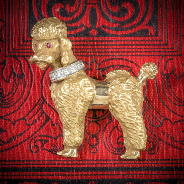 Vintage Diamond Gold Poodle Dog Brooch 14Ct Gold Circa 1950