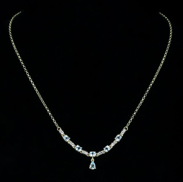 Victorian Style Diamond Blue Topaz Necklace 9Ct Gold