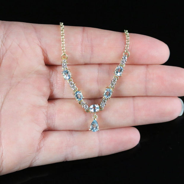 Victorian Style Diamond Blue Topaz Necklace 9Ct Gold