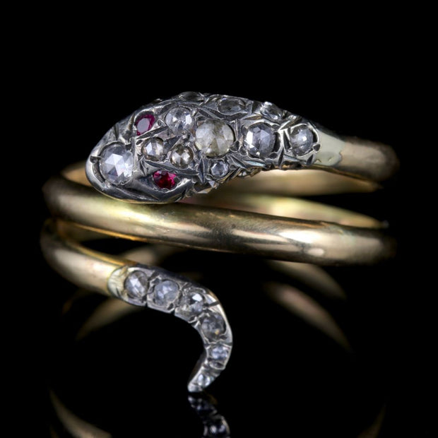 Diamond Ruby Snake Ring 18Ct Gold Coiled Serpent