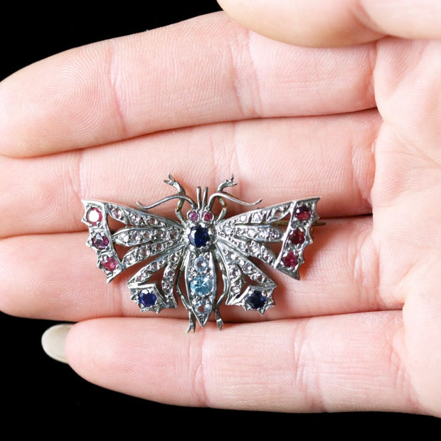 Diamond Sapphire Ruby Aquamarine Butterfly Brooch