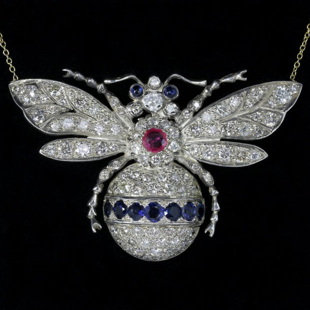 Diamond Sapphire Ruby Bumble Bee Necklace Silver 18Ct Gold