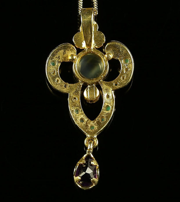 Edwardian Style Opal Moonstone Amethyst Pendant Necklace 18ct Gold On Silver