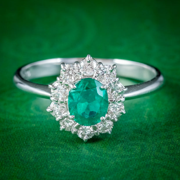 Emerald Diamond Cluster Ring Platinum 0.80ct Colombian Emerald With Cert