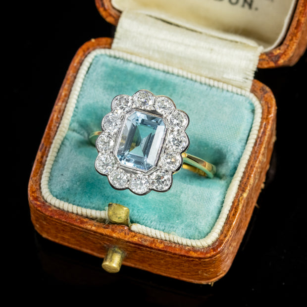 Emerald Cut Aquamarine Diamond Ring 18Ct Gold 1.80Ct Aqua