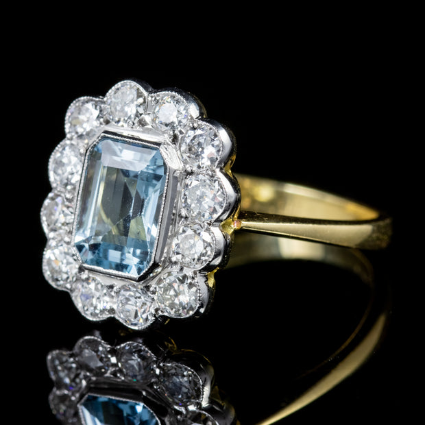 Emerald Cut Aquamarine Diamond Ring 18Ct Gold 1.80Ct Aqua