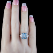 Emerald Cut Aquamarine Diamond Ring Platinum 7Ct Aqua 0.60Ct Diamonds