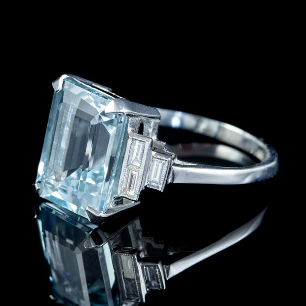 Emerald Cut Aquamarine Diamond Ring Platinum 7Ct Aqua 0.60Ct Diamonds