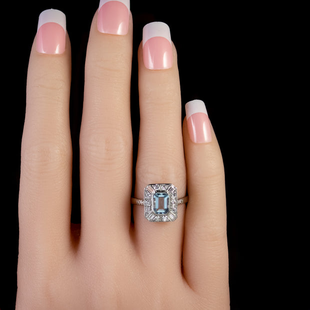 Emerald Cut Aquamarine Diamond Ring Platinum