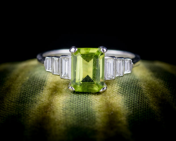 Emerald Cut Peridot Diamond Ring Platinum