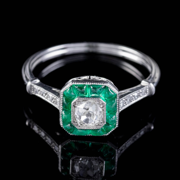 Art Deco Style Emerald Diamond Cluster Engagement Ring Platinum