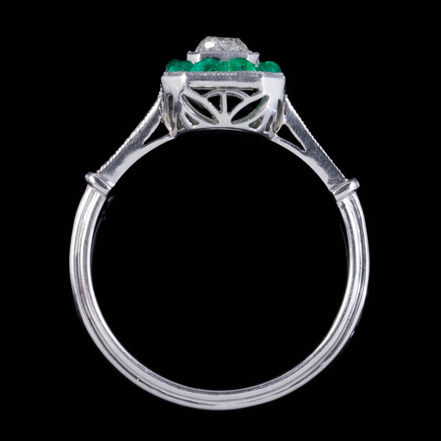 Art Deco Style Emerald Diamond Cluster Engagement Ring Platinum