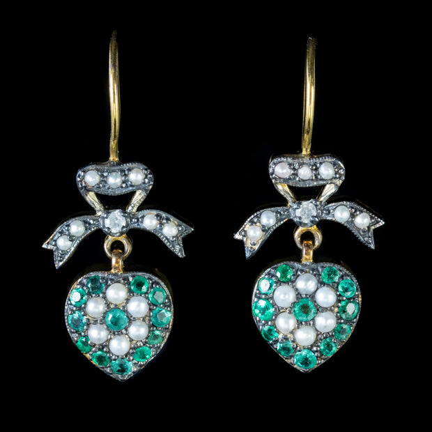 Emerald Heart Earrings Pearl Diamond 18Ct Gold On Silver