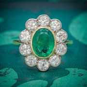 Edwardian Style Emerald Diamond Cluster Ring 18ct Gold 1.80ct Emerald