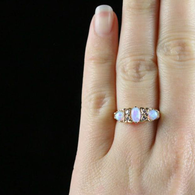 Opal Trilogy Diamond Ring 9Ct Gold