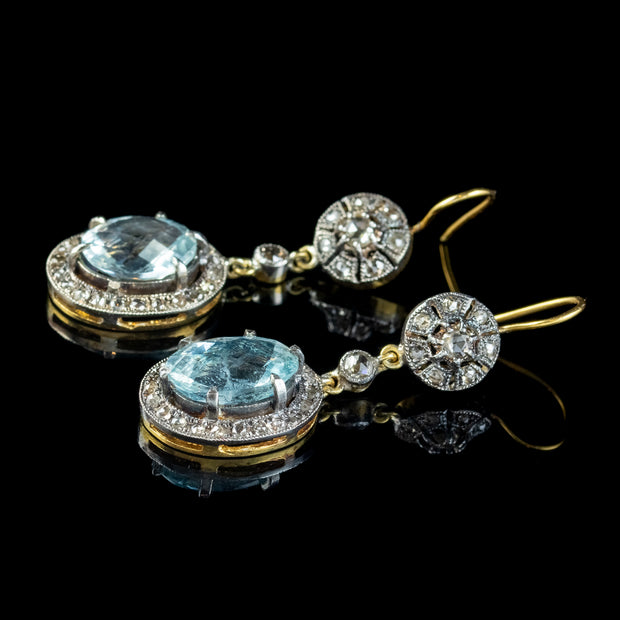 Edwardian Style Aquamarine Diamond Drop Earrings 3.2ct Aquas