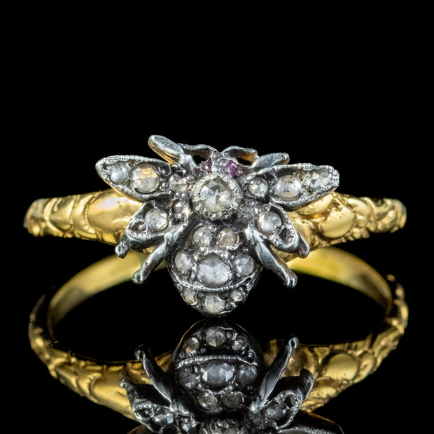 Edwardian Style Diamond Bee Ring Ruby Eyes
