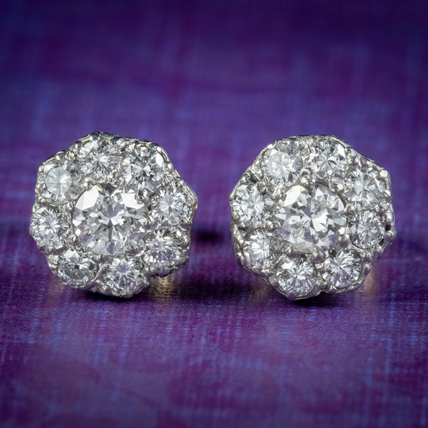 Edwardian Style Diamond Cluster Stud Earrings 1.20ct Of Diamond