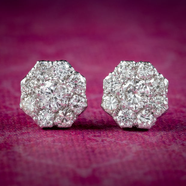 Edwardian Style Diamond Daisy Cluster Stud Earrings 1.68ct Of Diamond