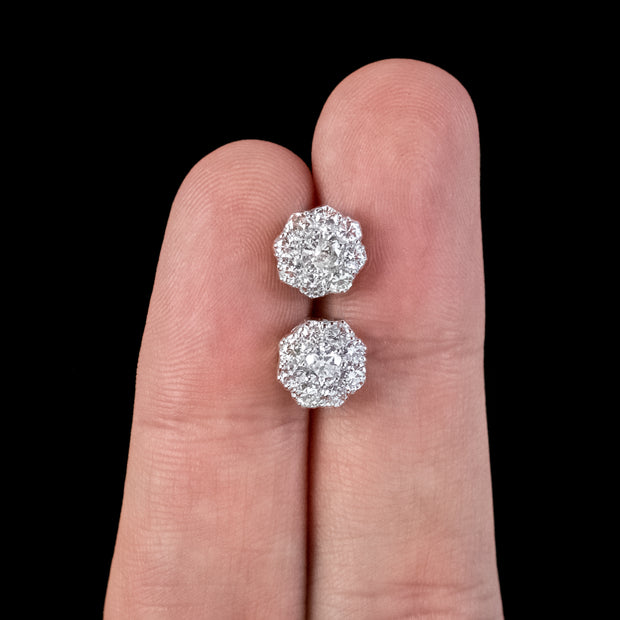 Edwardian Style Diamond Daisy Cluster Stud Earrings 1.68ct Of Diamond