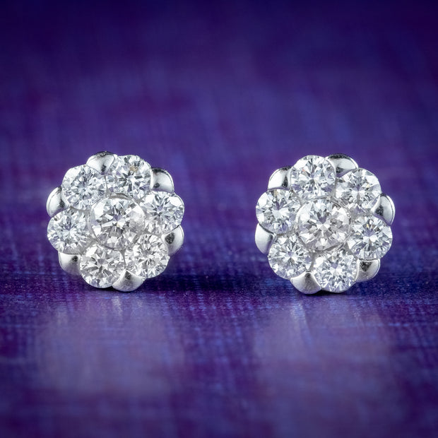Edwardian Style Diamond Daisy Stud Earrings 18ct Gold 1ct Of Diamond