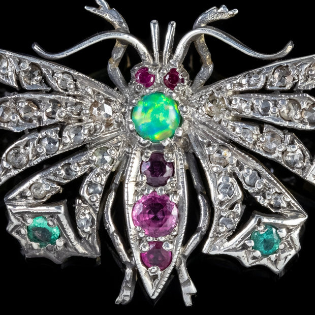 Edwardian Style Diamond Emerald Ruby Opal Butterfly Brooch Silver 18ct Gold