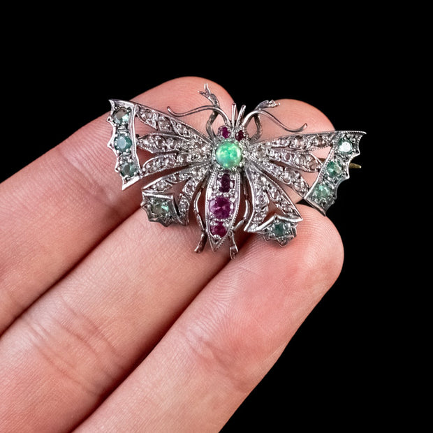 Edwardian Style Diamond Emerald Ruby Opal Butterfly Brooch Silver 18ct Gold