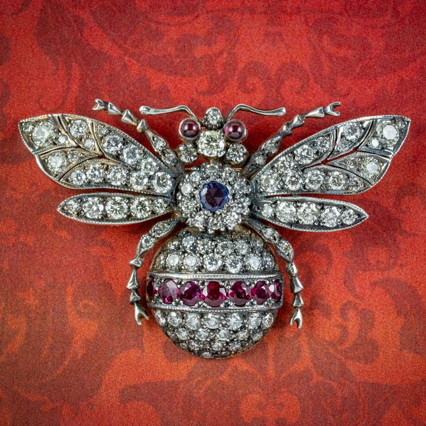 Edwardian Style Diamond Ruby Sapphire Bee Brooch Silver 18ct Gold