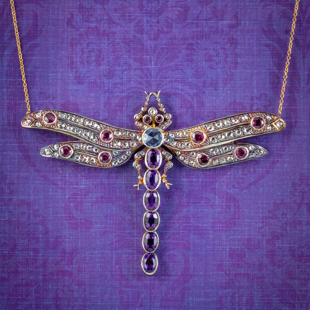 Edwardian Style Dragonfly Lavaliere Pendant Necklace Diamond Ruby Amethyst Sapphire