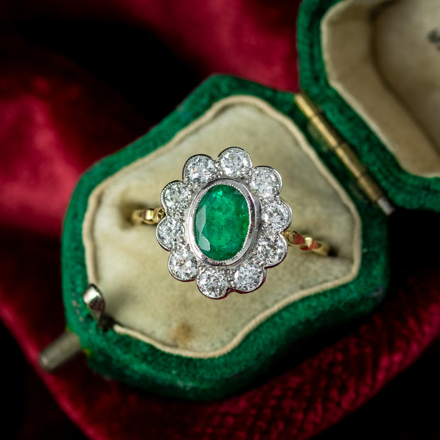 Edwardian Style Emerald Diamond Daisy Cluster Ring 1.2ct Emerald 